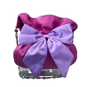 Lovcat Paris Leather Pink Handbag Purse Purple Bow Elastic Heart Silver Chain